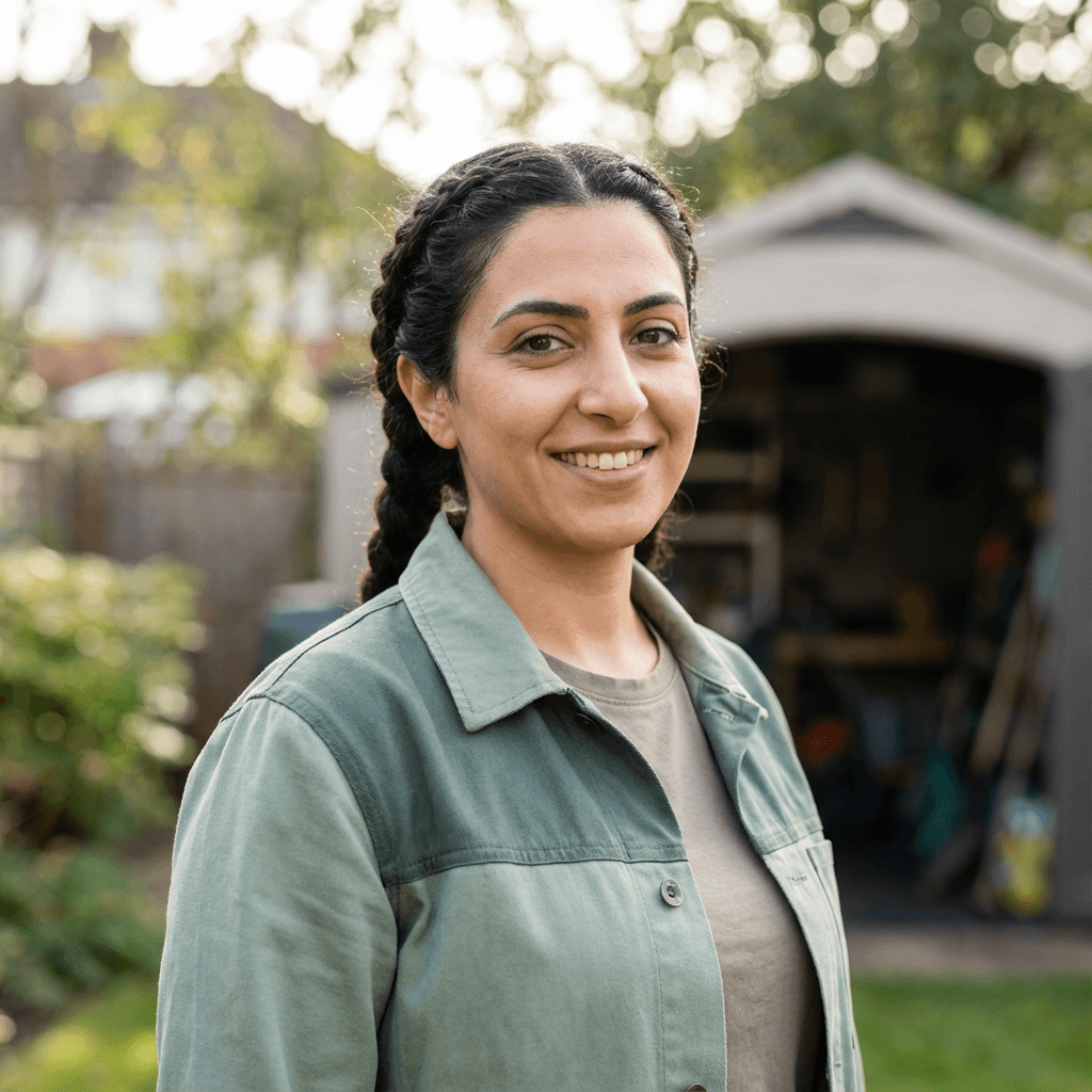 Female homeowner in her late 30s smiling at her clean house exterior in suburban Arizona