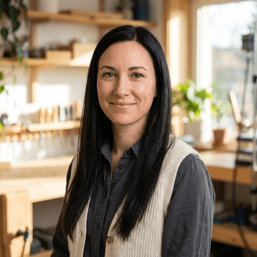Female homeowner in her early 40s with clean modern window and bright exterior background