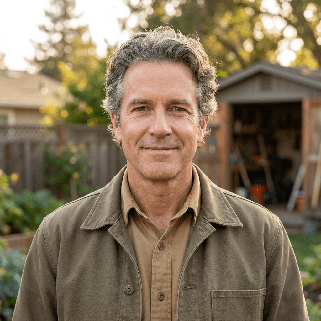 Male homeowner in his 60s wearing casual outdoor clothes standing near clean gutters