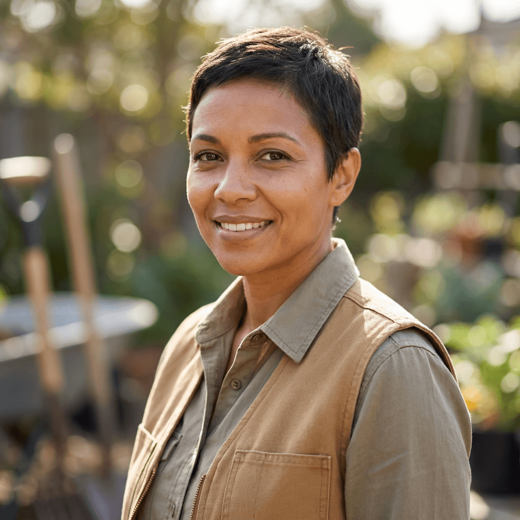 Female homeowner in her early 40s smiling on a front porch