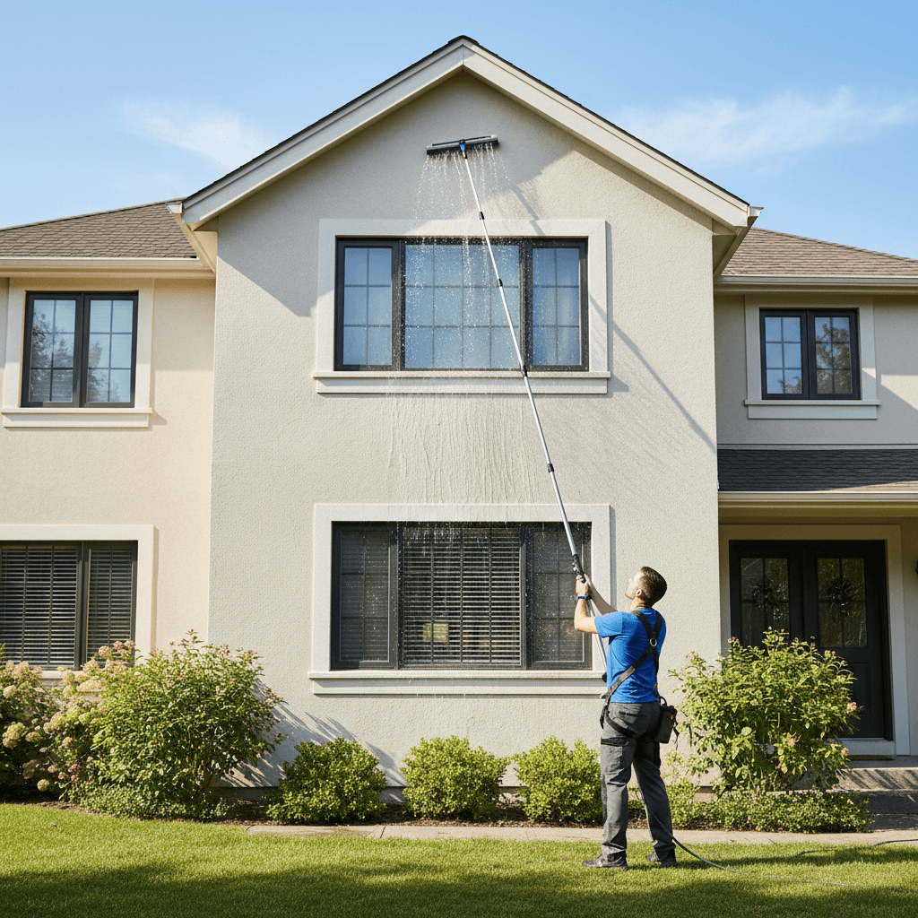 Window cleaning with water fed pole system on a residential house
