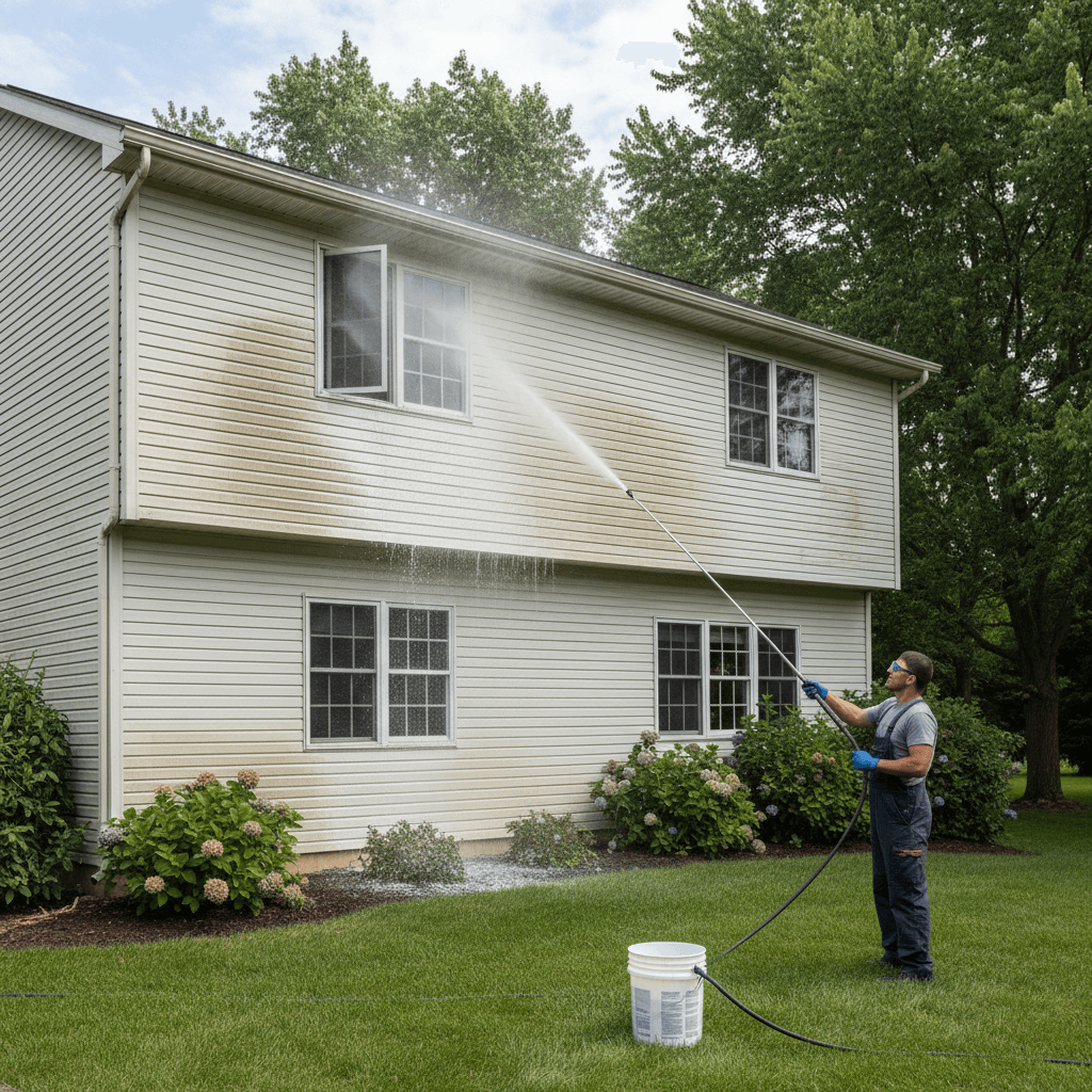 Professional cleaning siding with a soft wash spray wand on a two-story house