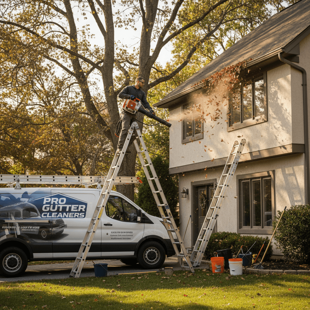 Professional gutter cleaning with leaf blower and ladder on a residential home