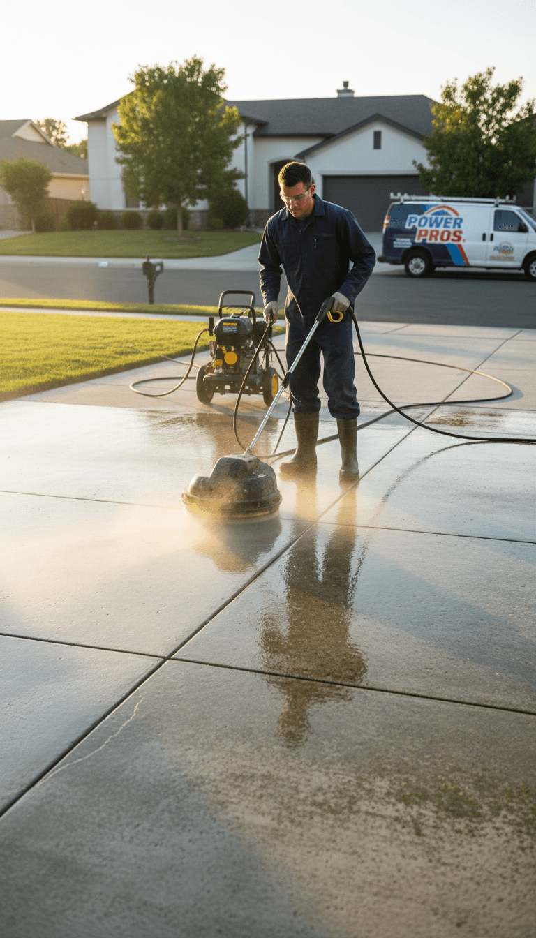 Stream of water hitting a concrete driveway during pressure washing