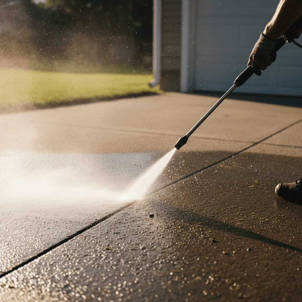 Pressure washer cleaning a concrete driveway with water spray in a residential neighborhood