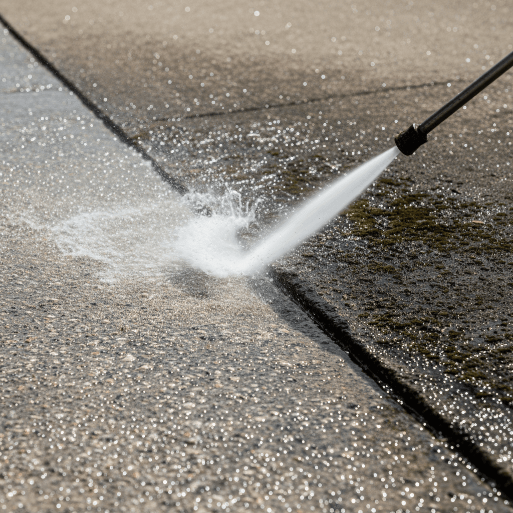 Worker power washing a residential concrete driveway