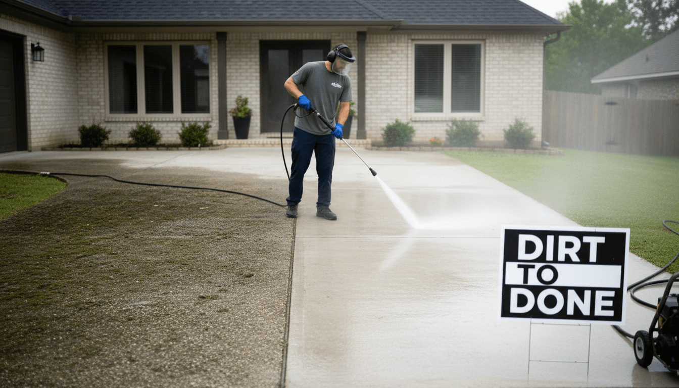 Professional cleaner pressure washing residential driveway, showing dramatic before-and-after transformation from stained to pristine concrete