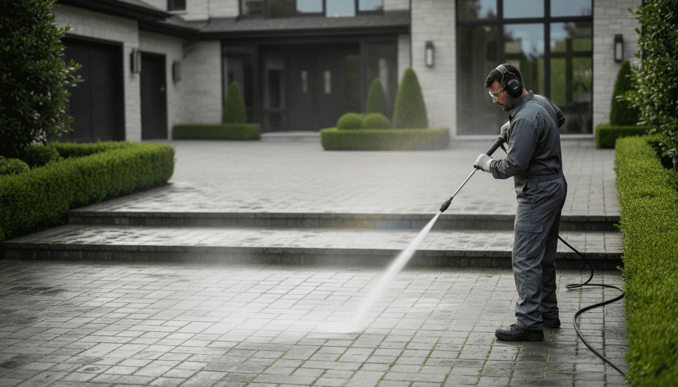 Professional exterior cleaner power washing a residential driveway on a bright sunny day
