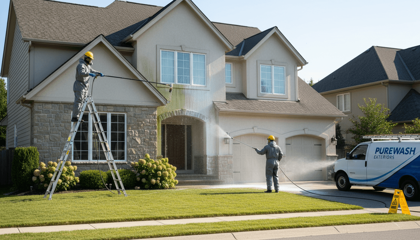 Exterior cleaner soft washing a two-story house with cleaning solution