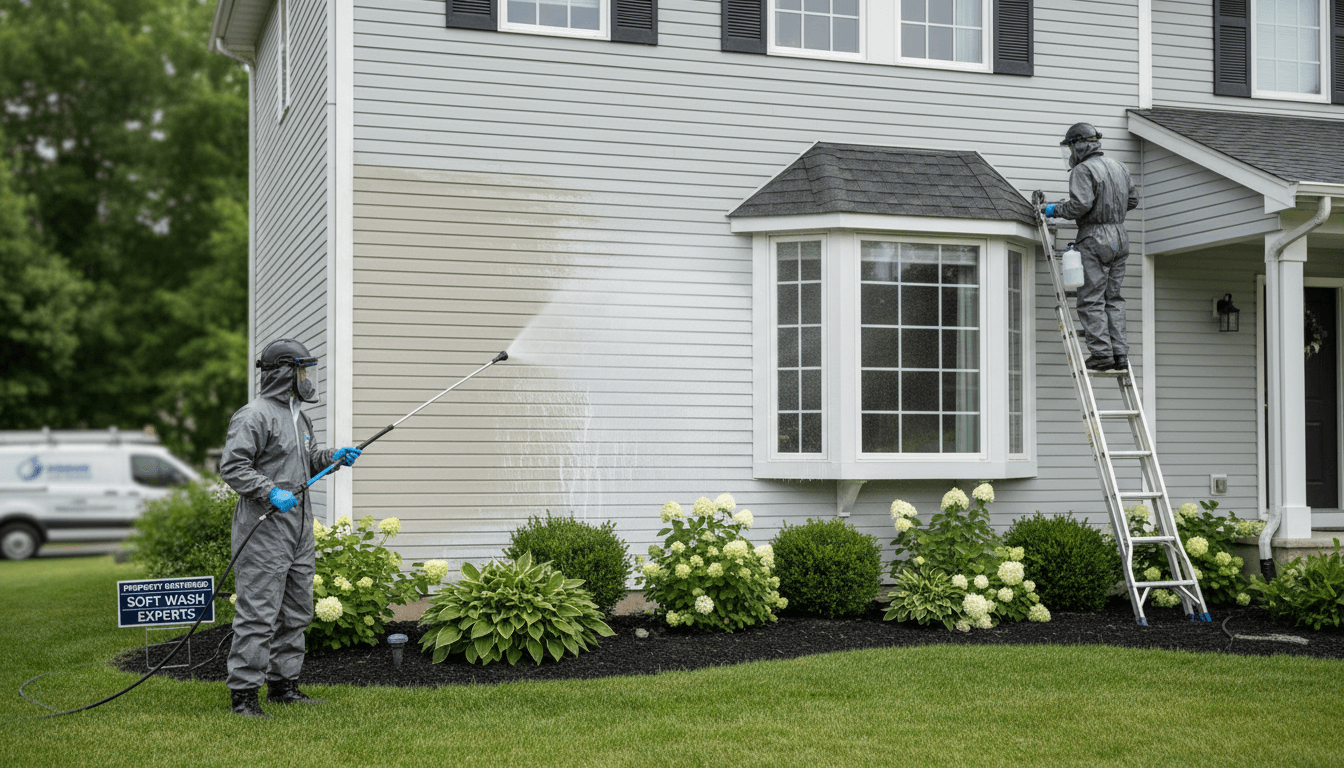 A worker soft washing the side of a house with a low-pressure sprayer