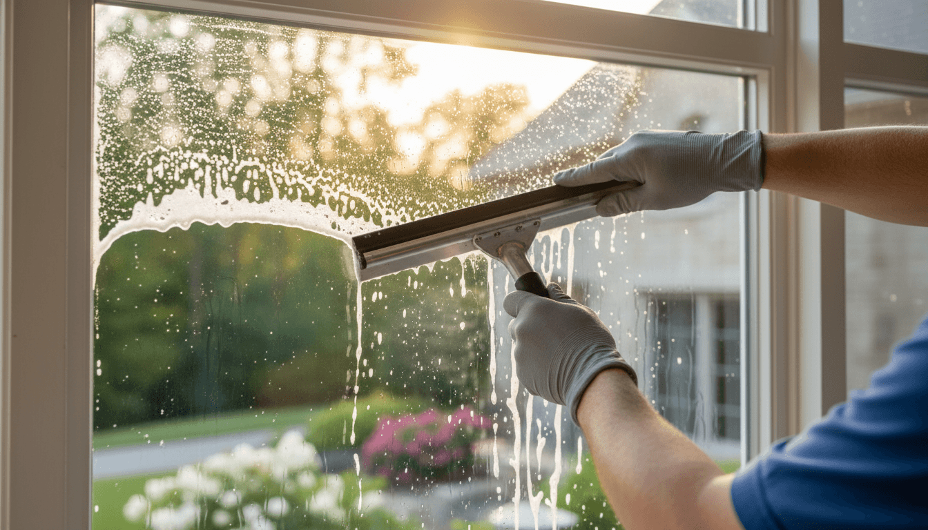 Close-up of a clean window on a brick house with a squeegee and sunlight reflection